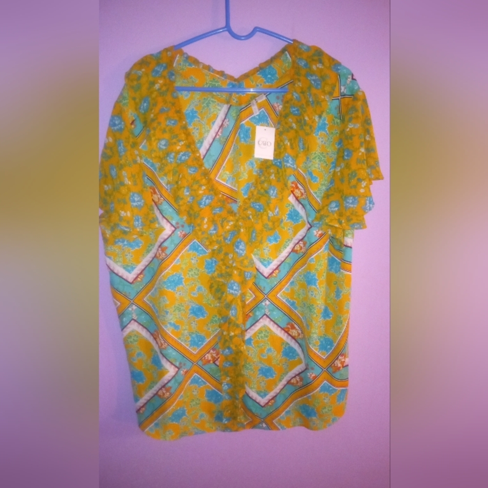 Cato Women's Floral Print Ruffle Detail Super Flattering Sz 3x Yellow Blue NWTS